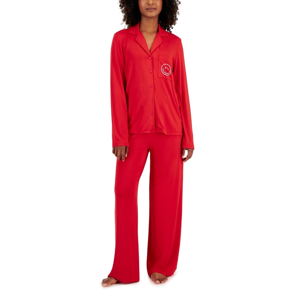 Jenni Women's Supersoft Notched-Collar Pajamas Set - Smiley - Size XS